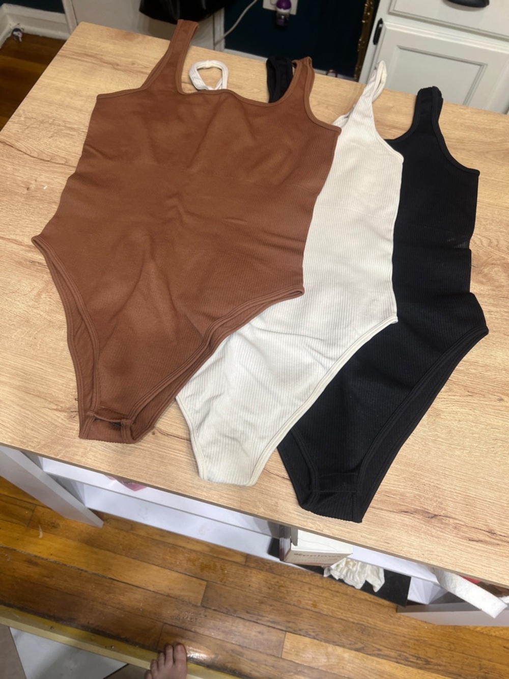 Women’s Ribbed Scoop Neck Bodysuit - Brown, Cream & Black